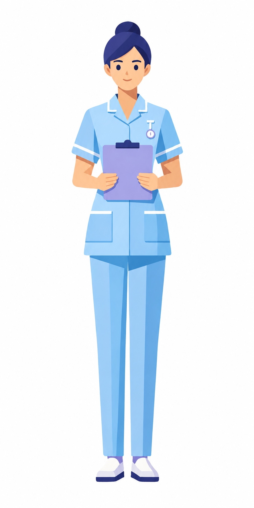 水色の制服でクリップボードを持つ看護師